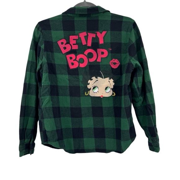 Betty Boop Graphic Green & Black Plaid Long Sleeve Button Down Flannel Size XS - Picture 1 of 8